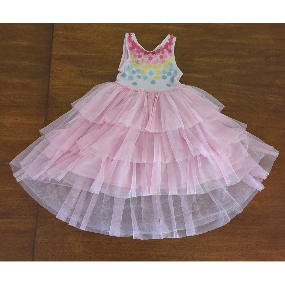 Mini Boden Girls Jersey Flutter Tulle Dress sweet pink & flower Applique size5/6